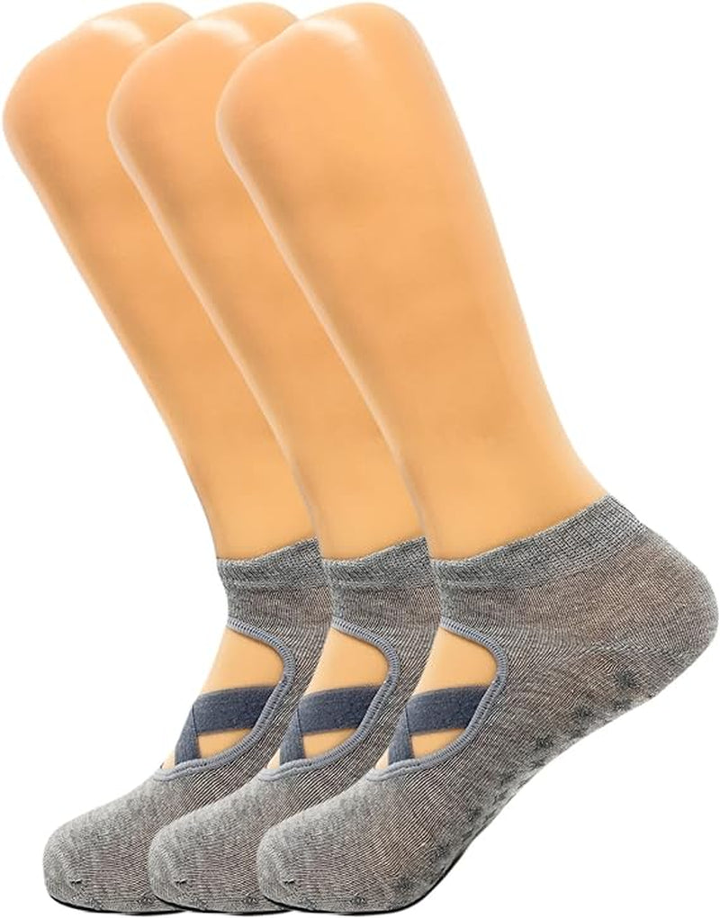 Women’S Non-Slip Grip Yoga Socks with Straps – 3 Pairs for Pilates, Barre & Studio Workouts – Size 5-7